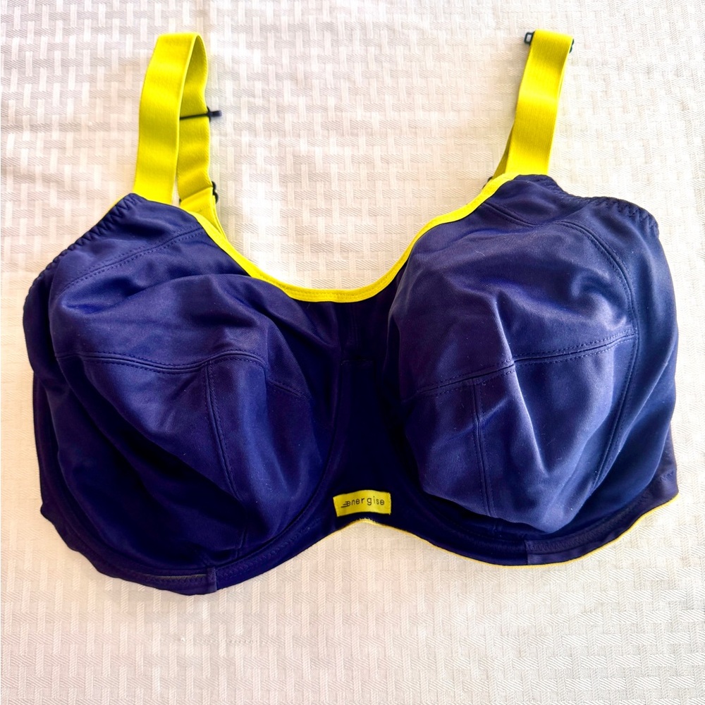 Elomi‎ Energise Sports Bra 36J US 36GG UK Navy Yellow High Impact Underwire